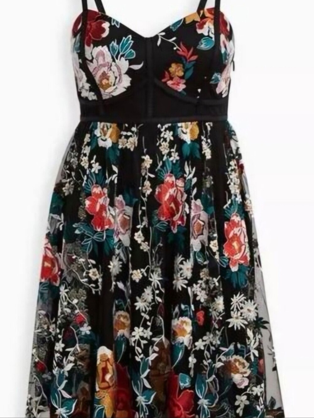 Torrid Black Embroidered Floral Mesh Dress with Teal & Gold Accents 18 - Picture 3 of 6